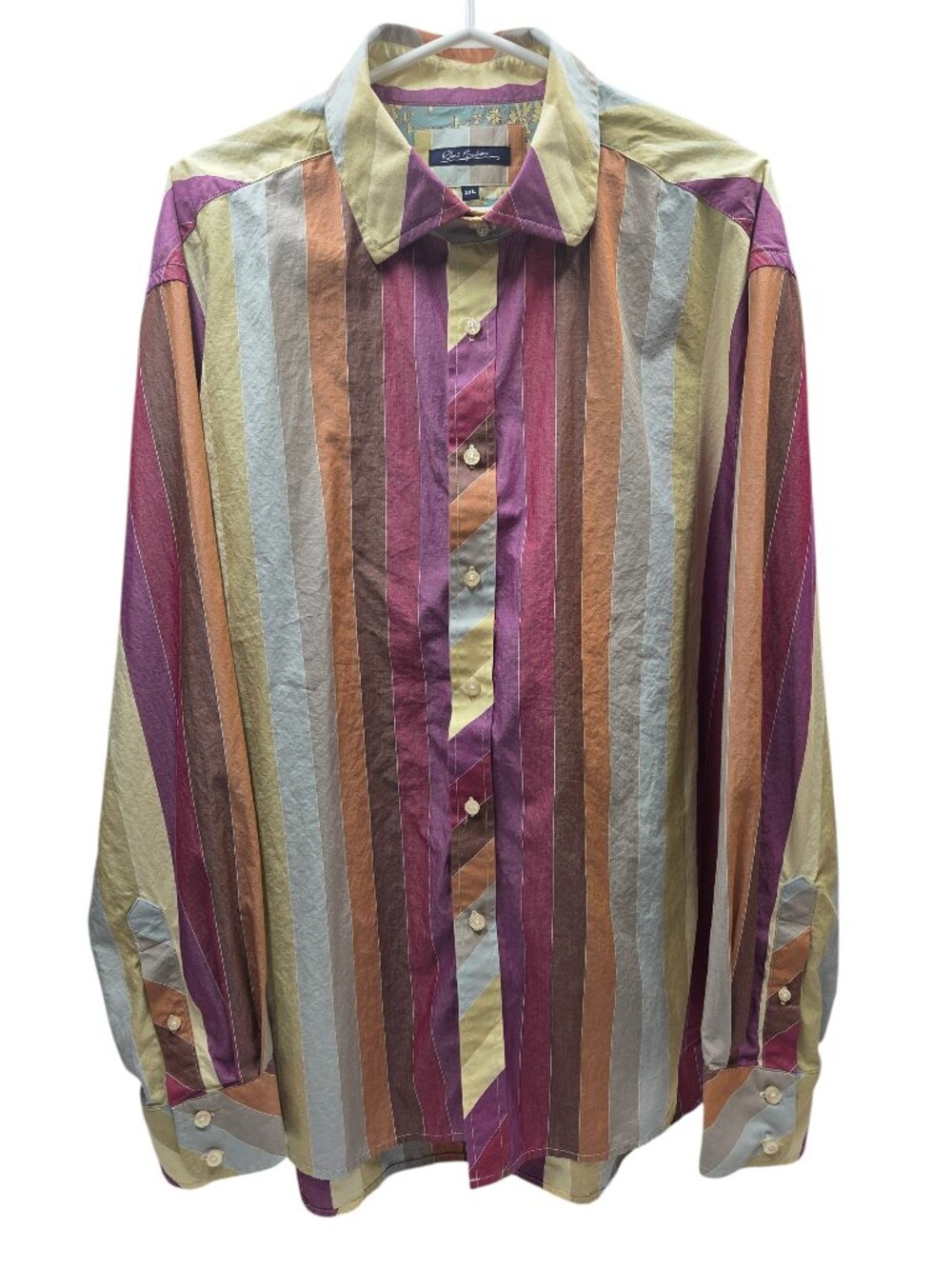 Robert Graham Vertical Striped Flip Cuff Long Sleeved Dress Shirt Men's 2XL